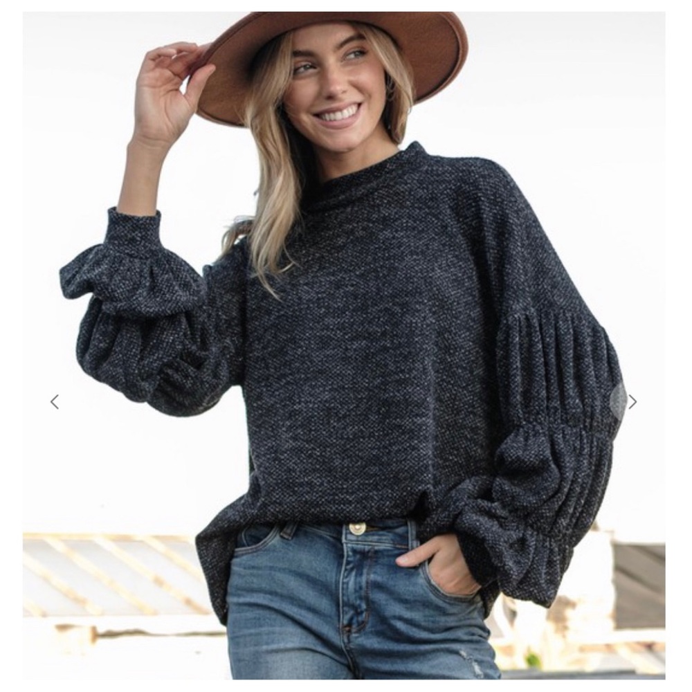31 Boho Mock Neck Shirring Balloon Sleeve Knit Top